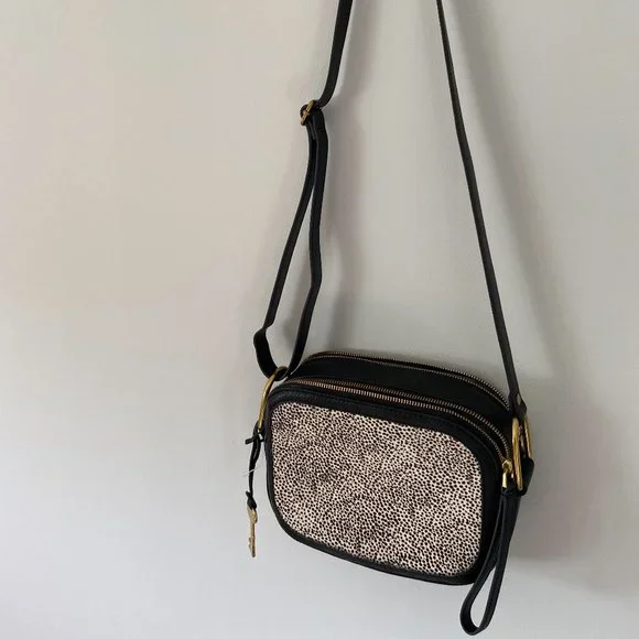 Fossil Black Elle Crossbody Bag Animal Print Cow Hide - Picture 5 of 11